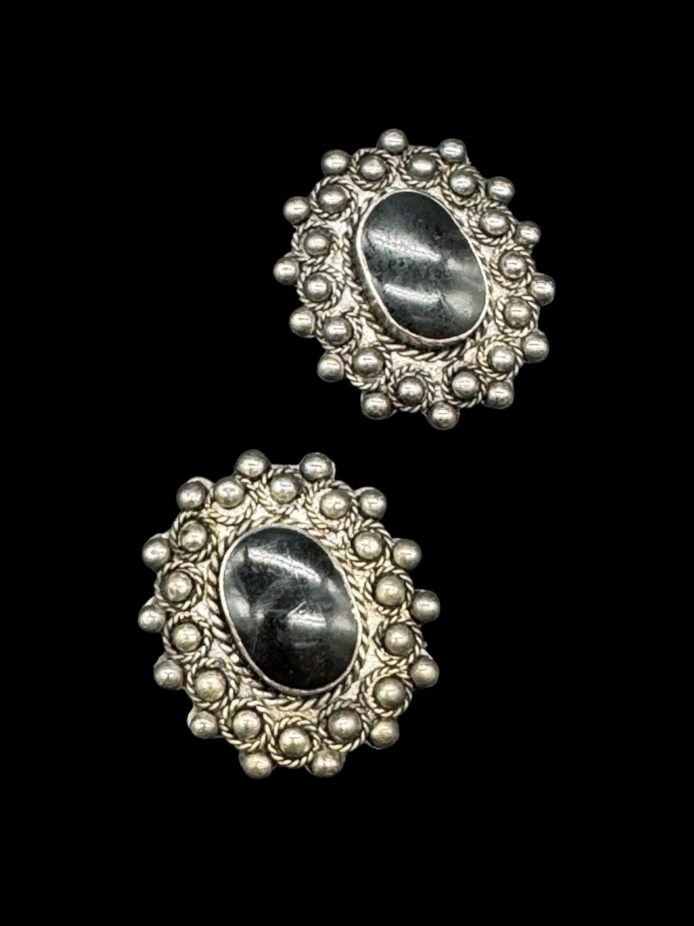 Vintage Silver Tone Earrings Clip-ons Large Black Stone Oval